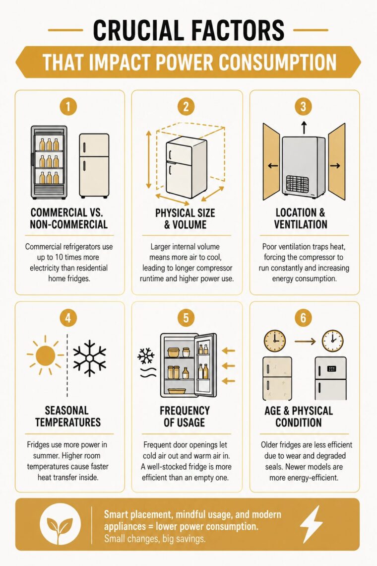 Infographic outlining six key factors that affect refrigerator power consumption, including size, ventilation, temperature, usage frequency, age, and appliance type