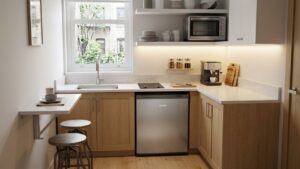 Compact modern kitchen featuring a mini refrigerator beneath the counter, with a sink, coffee machine, and open shelving