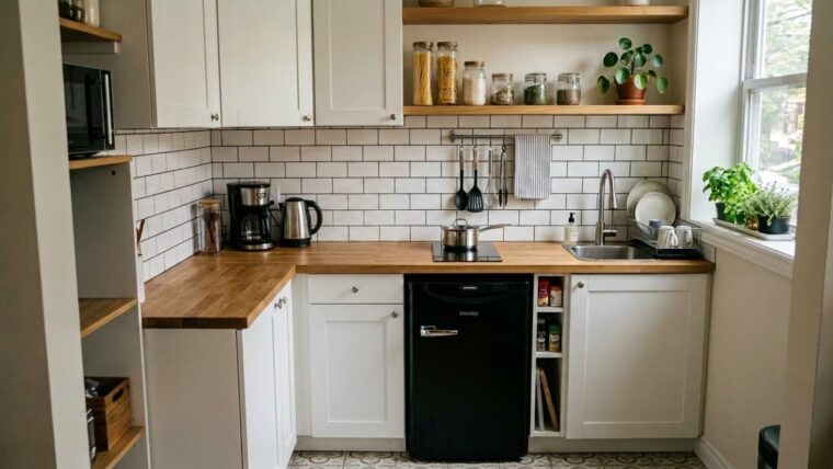 Compact kitchen with white cabinets, wood countertops, open shelves, and a black mini refrigerator built into the lower cabinetry