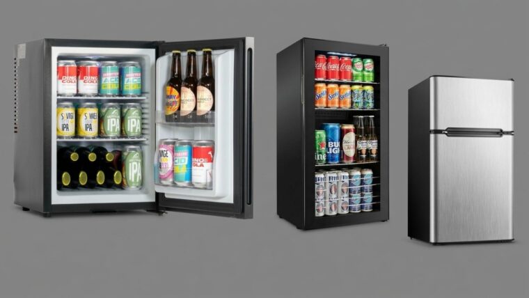 Comparison image showing three refrigerator types, including a compact beverage cooler, a glass-door mini fridge, and a standard mini refrigerator