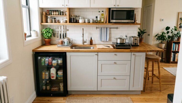 Bright kitchen with white cabinetry, wooden countertops, open shelving, and a glass-door mini refrigerator stocked with drinks and food